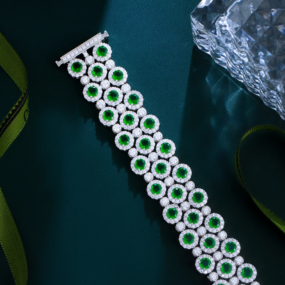 

ThreeGraces Luxury Shiny Green White Zircon Big Wide Party Bracelet for Women Gorgeous Dubai Wedding Evening Party Jewelry BR400