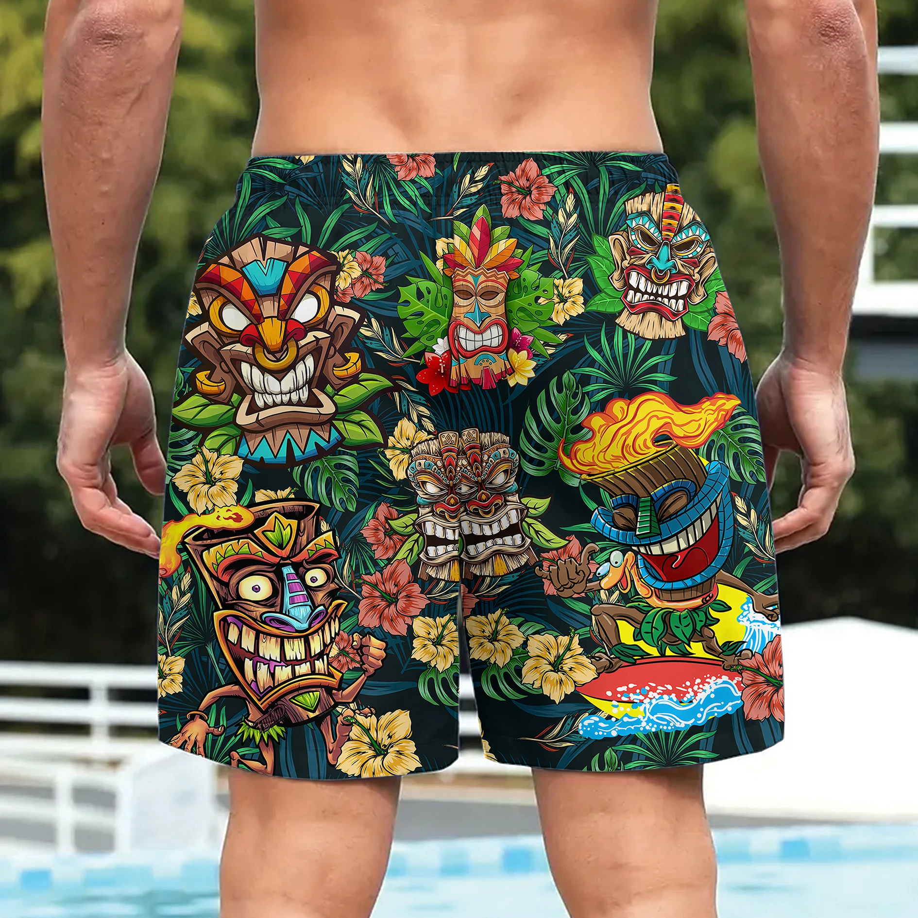 New Fashionable Summer Coconut Leaf Tribe Totem Mask Mayan Ethnic Style Digital Printed Men\'s Hawaii Beach Fitness Casual Shorts