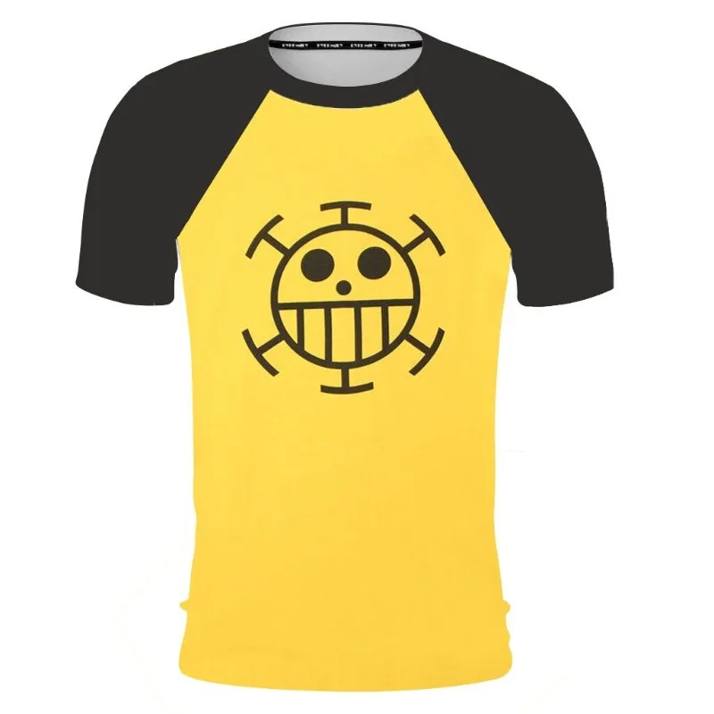 One Piece Anime 3D Print T-Shirt Trafalgar Law Character Graphic Tee with Jolly Roger Symbol & Contrast Sleeve Element Design