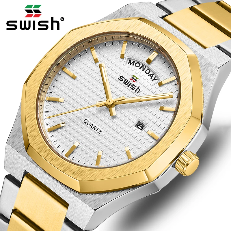 SWISH Men Watches Full Gold Square Quartz Male Wristwatch Relógios Masculino Luxury Trending Clock Week Date Waterproof Gift