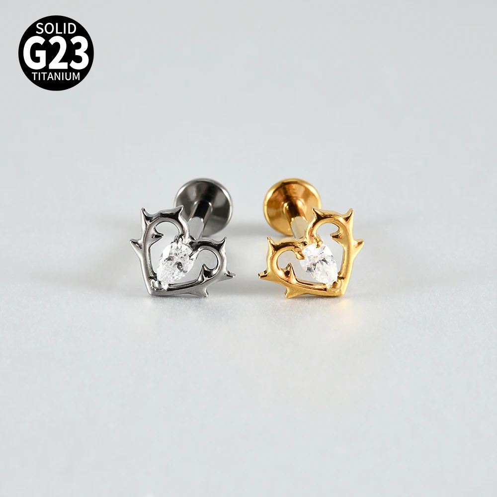 1PC G23 Solid Titanium V Shape Heart Cartilage Earrings Stud Zirconia 16G Internally Thread Cross Helix Ear Tragus Body Piercing