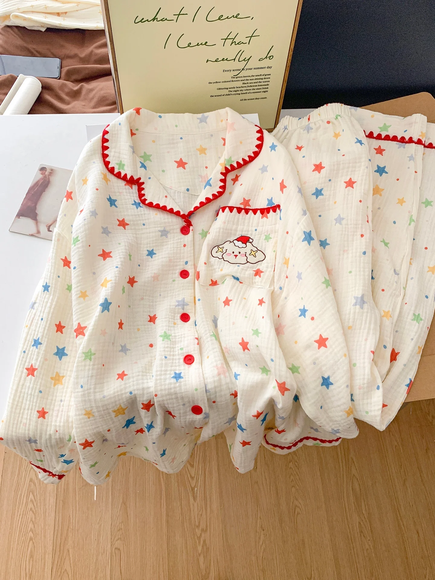 star-little-dog-cotton-nightgown-women's-style-autumn-cartoon-embroidery-lace-shirt-collar-long-sleeve-home-clothes