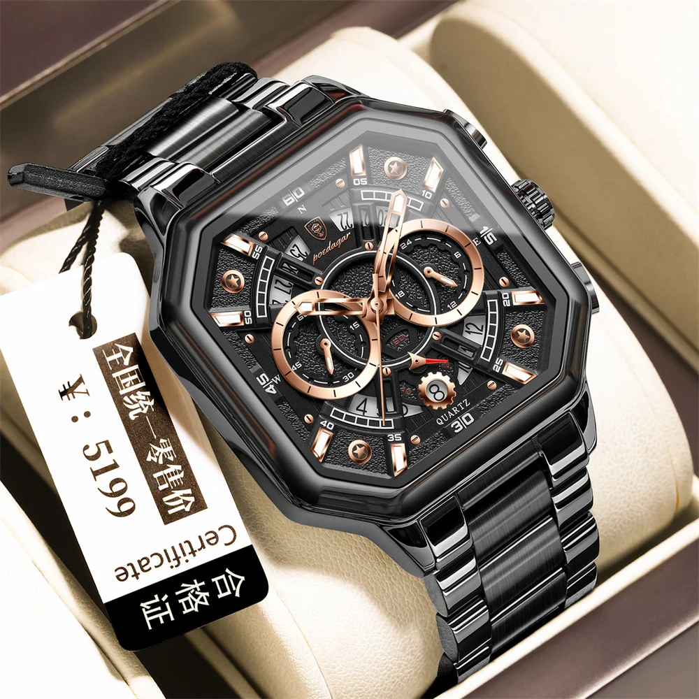 POEDAGAR Luxury Original Men Chronograph Date Man Watch Stainless Steel Quartz Men's Watches Waterproof Luminous Clock Reloj+box