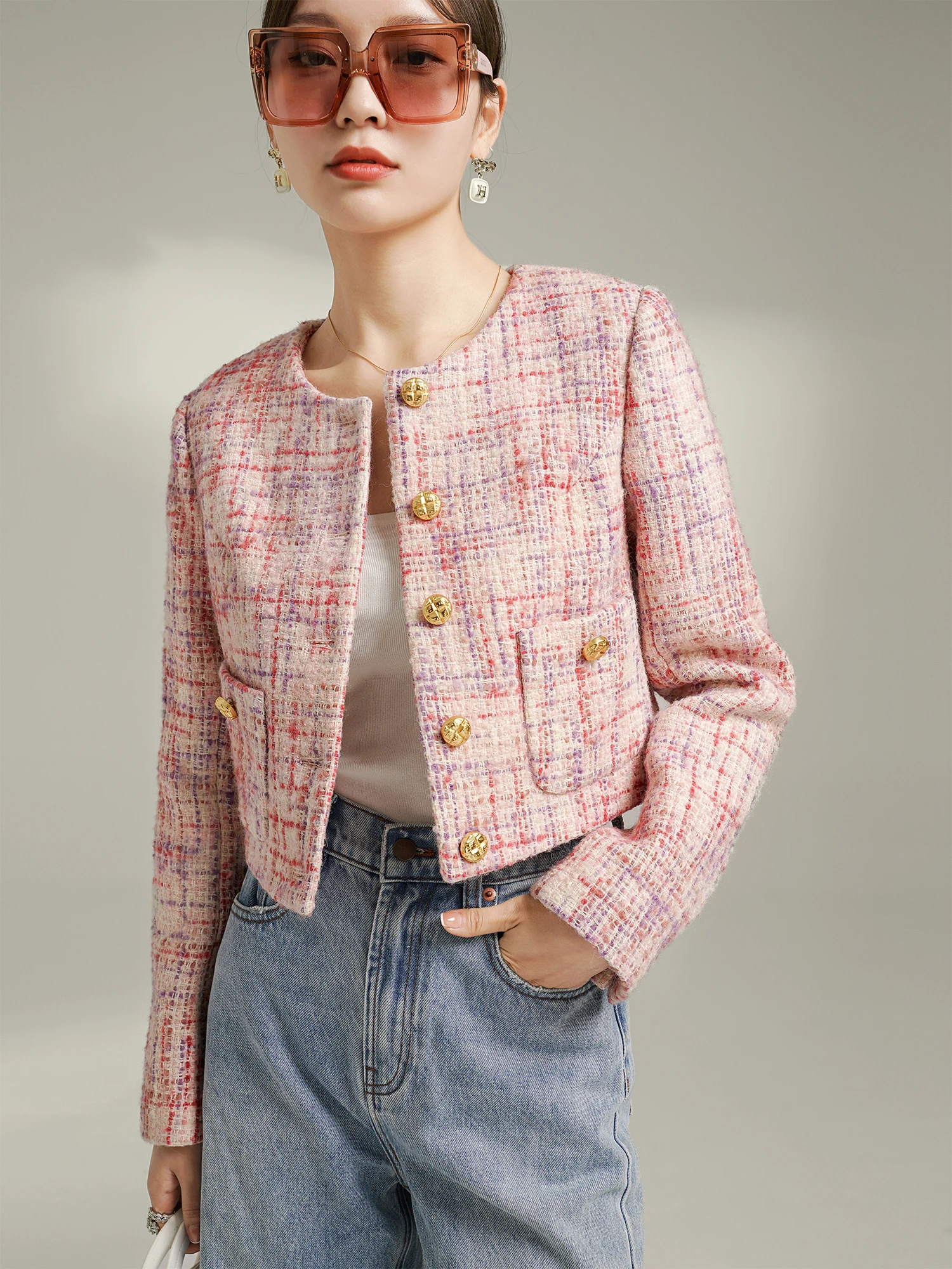 

GONGJIU Pink Woolen ort Coat Women's Casual Sle Spring New Box pe Coat Comfortable Fit Faionable Fem Outerwear