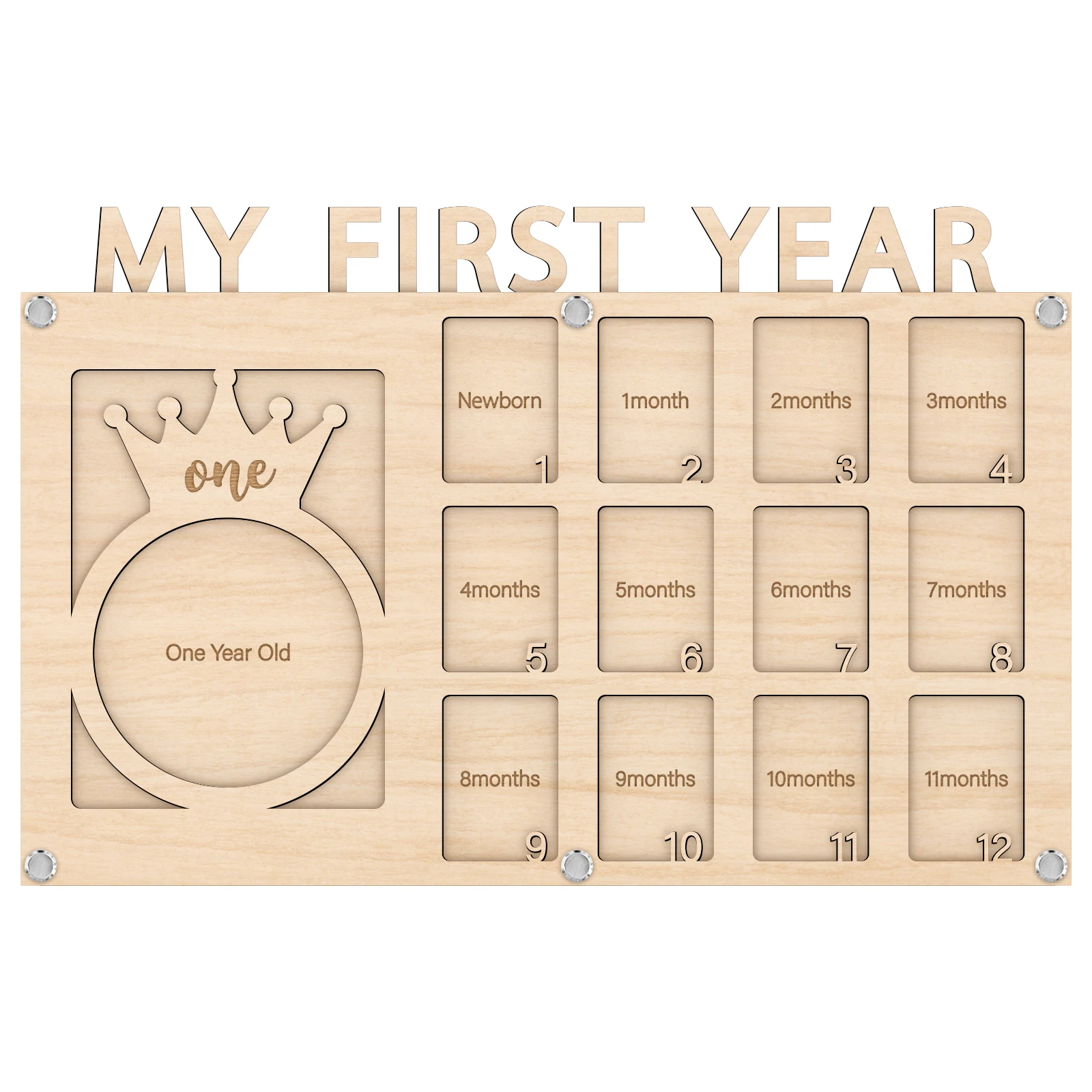 \'My First Year\' 2-Layer Wooden Photo Board with Crown Design – 13 Photo Slots for Baby Milestones from Newborn to 1 Year