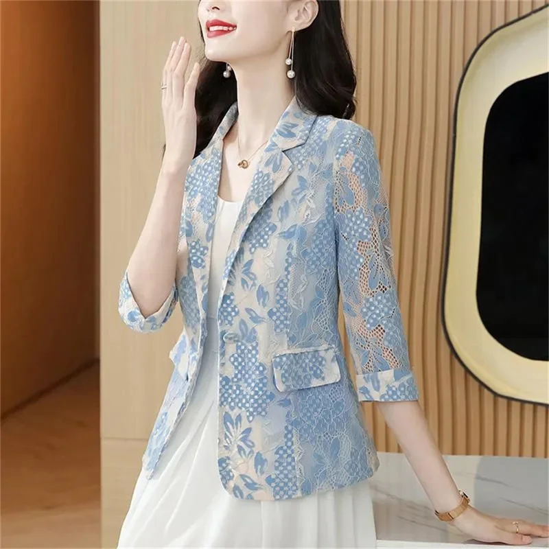 2024 Female Summer Thin Style Fried Street Print Lace Suit Jacket Women Korean Style Slim Three-Quarter Sleeve Blazer