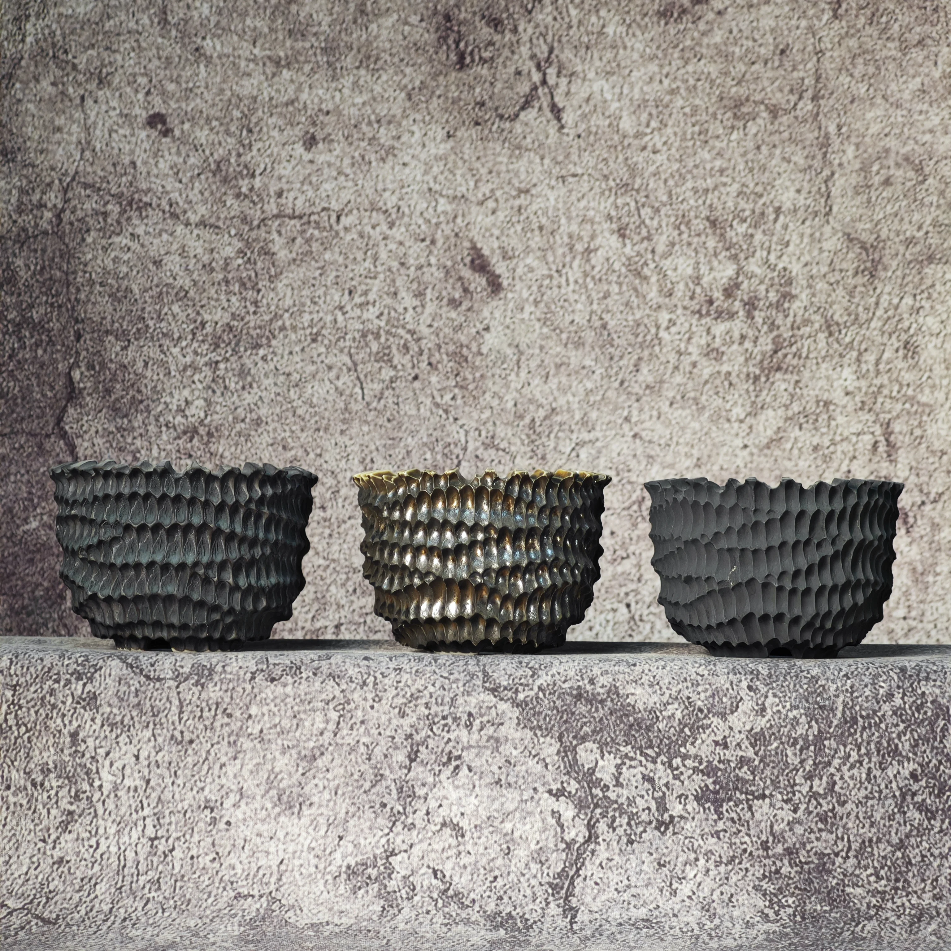 Small Hand-Carved Ceramic Caudex Pots, Pottery Planters for Caudiciform Plants, Succulents, Cacti, Agave and Tropical Plants