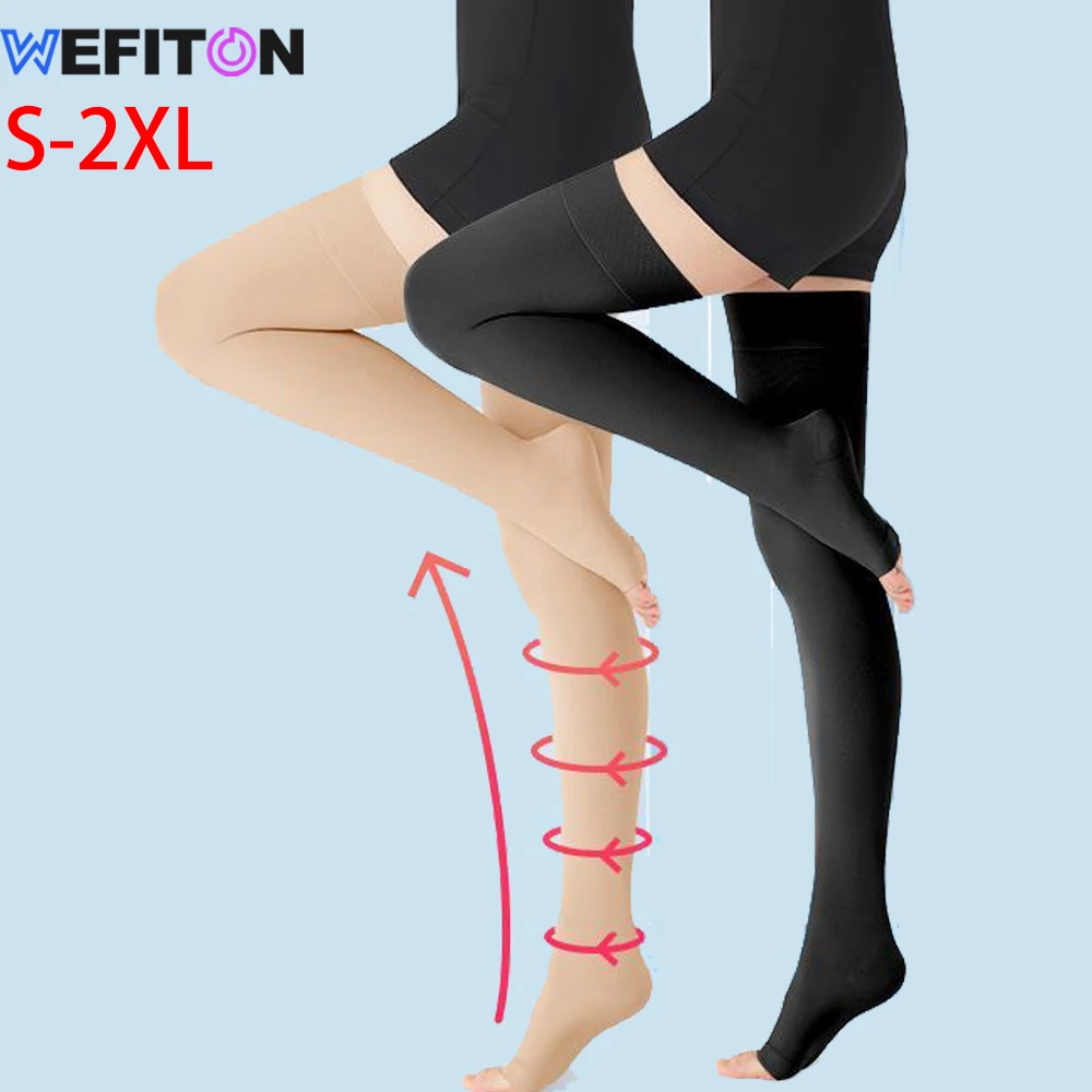 1Pair Thigh High Footless Compression Sleeves & Silicone Band for Women Men, Firm 20-30 MmHg Graduated Support for Varicose Vein
