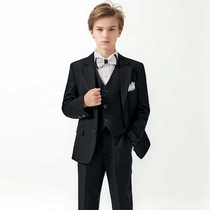 

Boys' Black Formal Suit Set Notch Lapel Long Sleeves Birthday Party Suit Set Holiday Celebration And School Performance Suit Set