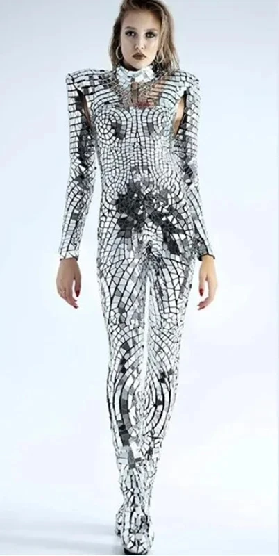 Silver Mirror Women Sequins Jumpsuit Gogo Stage Show Costume Pole Dance Clothes Women Lens Bodysuit Bar DJ Performance