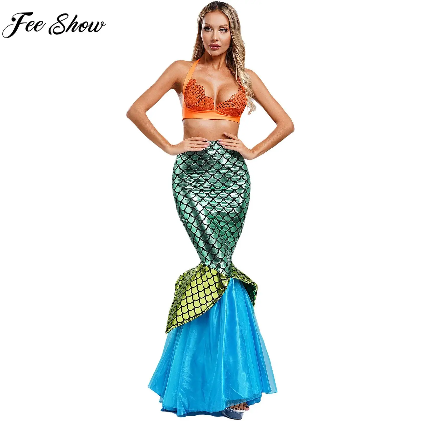 Women Mermaid Princess Cosplay Costume Scallop-shaped Cup Lace-up Bra Top with Shiny Fish Tail Maxi Skirt for Halloween Party