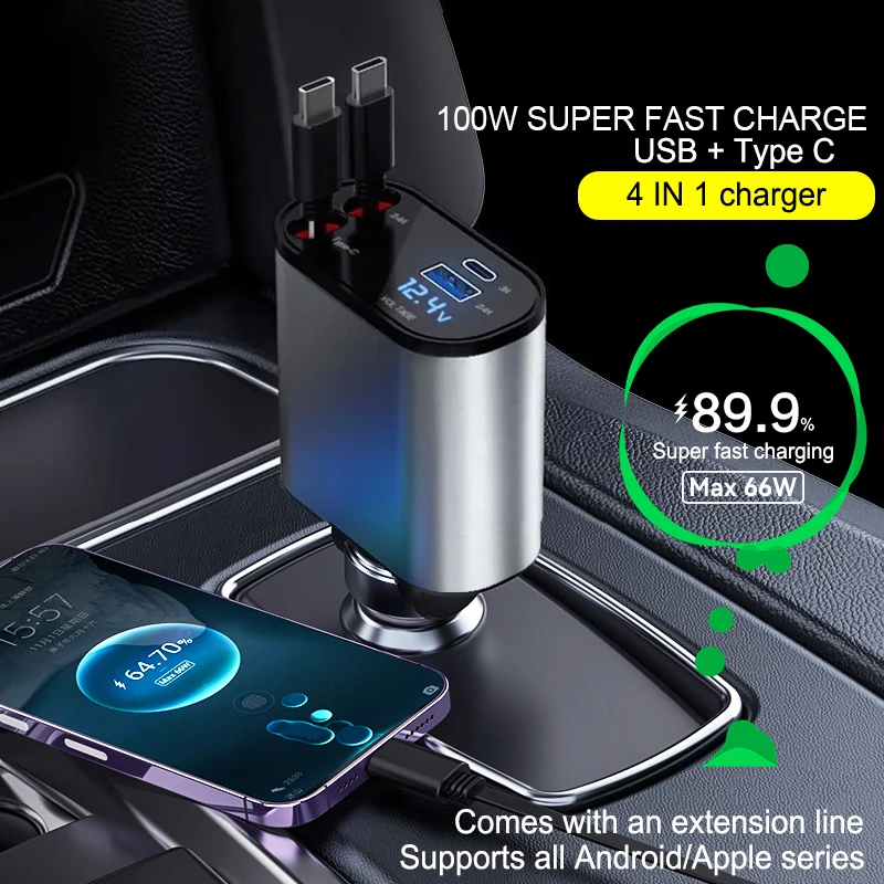 4 IN 1 Car Charger Fast Charging USB Type C 100W LED Car Phone Charger Retractable Cable Adapter For iphone Samsung HuaweI