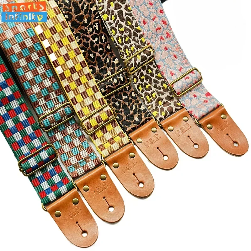 Widened and Thickened Acoustic Guitar Strap Jacquard Plaid Leopard Print Folk Electric Guitar Shoulder Strap Guitar Accessories