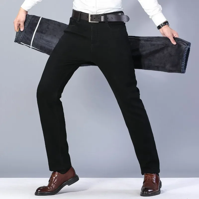 2026 Winter Thick Slim Denim Pants Brand Trousers Black Plus Size 40 New Men's Warm Jeans Business Casual Elasticity