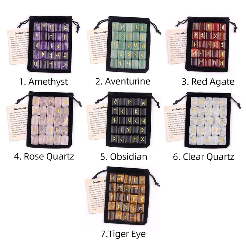 Rune Stone Set – 25 Carved Crystals for Divination & Healing (7 Styles) 5