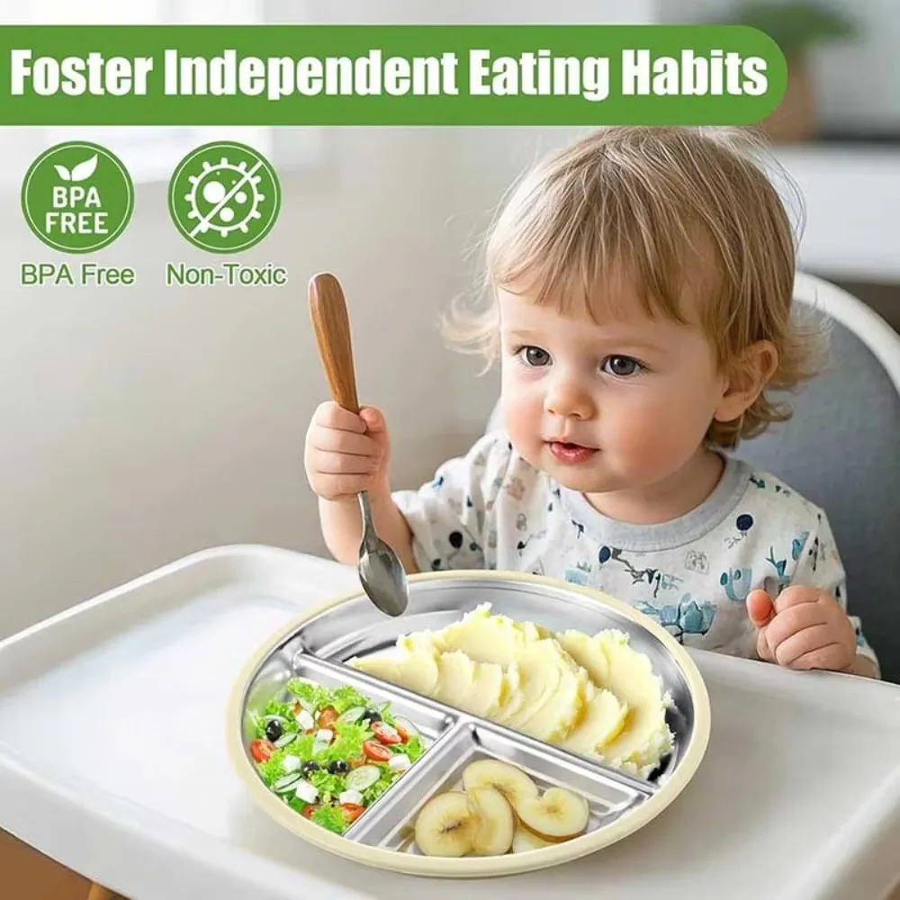 

Divided Design Suction Cup Kids Plates Silicone Shell 304 Stainless Steel Baby Sucker Dining Plate Anti-fall Non-Slip