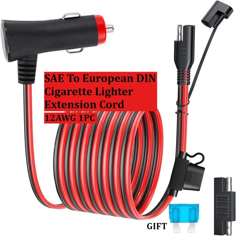 Heavy-Duty 12AWG SAE To European DIN Cigarette Lighter Extension Cord with On-Off Switch Car Charger Power Cord for Power Supply