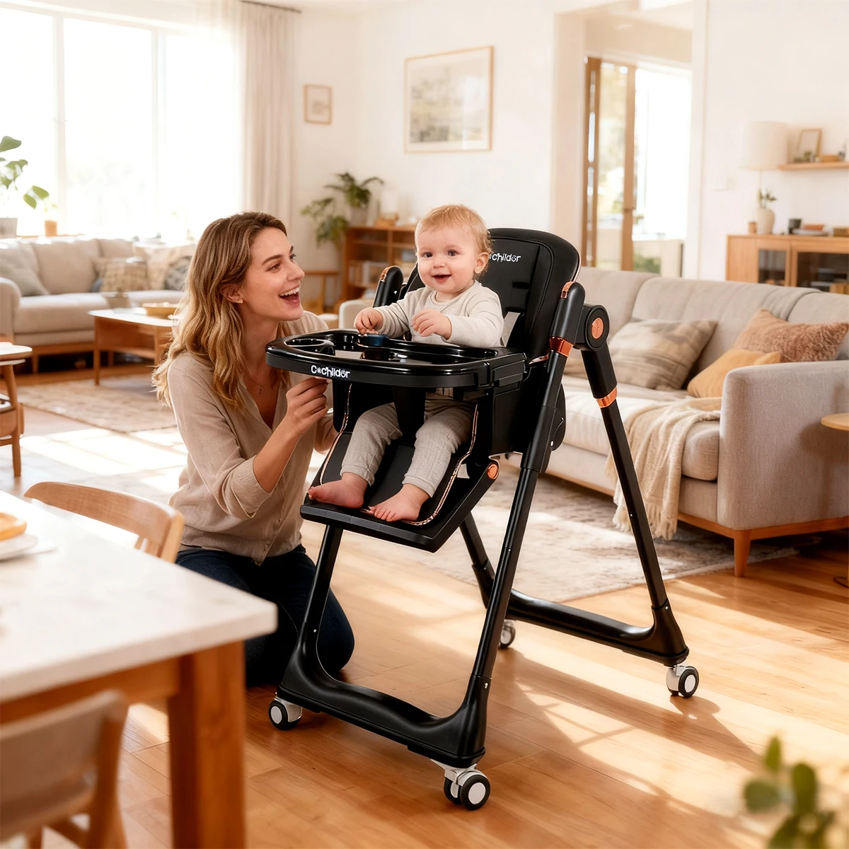 Kinderstoel, opvouwbare kinderstoel, verstelbare zitting, geschikt voor meer dan 6 maanden, met wielen, Thanksgiving cadeau