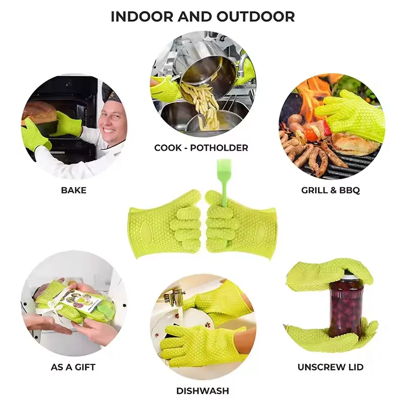BBQ Silicone Grilling Gloves Baking Gloves Anti-Scalding Cooking Oven Mitts Fireproof Barbecue Kitchen Heat Insulation Glove 1pc