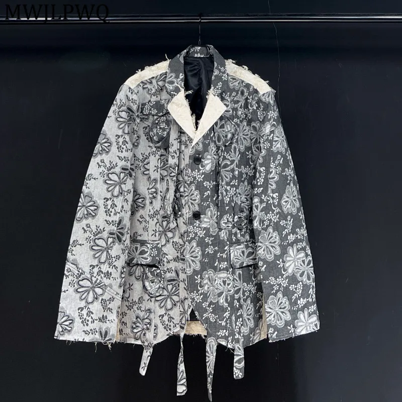 

MWJLPWQ Rough Edge Printed Design Blazer Men's Lapel Single Breasted lace Up 2025 New Jacket Unisex Autumn Loose Casual Top11663