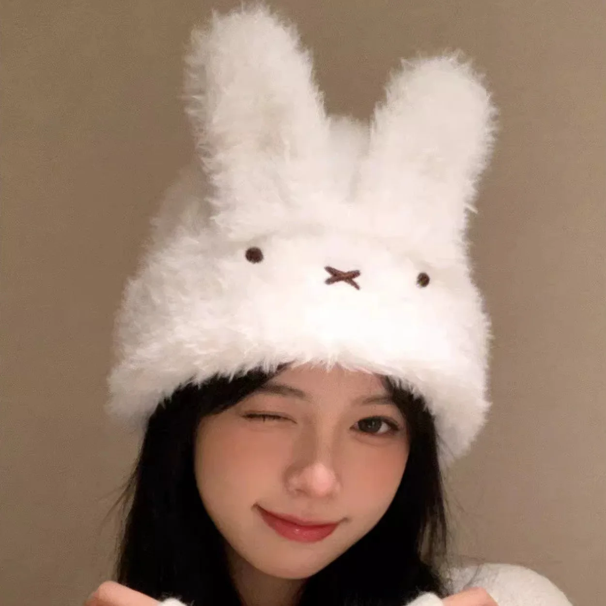Cute Plush Hat Women Girls Miffy Rabbit Ears Beanie Warm Ear Protection Knitted Wool Cap Photo Prop Winter Outdoor Fashion