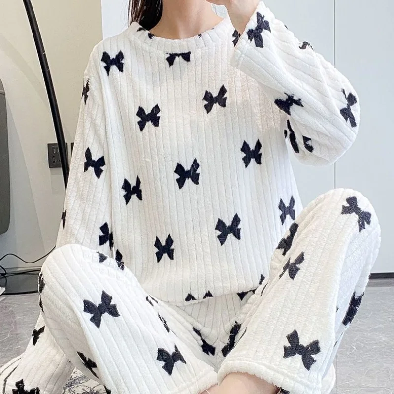 New Women Pajama Trousers Sets Loose Top Elastic Waist Wide Leg Pants Winter Fleece Homewear Sweet Bow Outfit Autumn Sleepwear