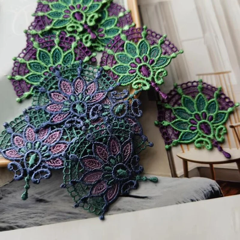 10Pcs Sparkling Green Purple Gradient Embroidered Fan Lace Fabric Patch Used for Decorating Clothing Embroidered Lace Patch