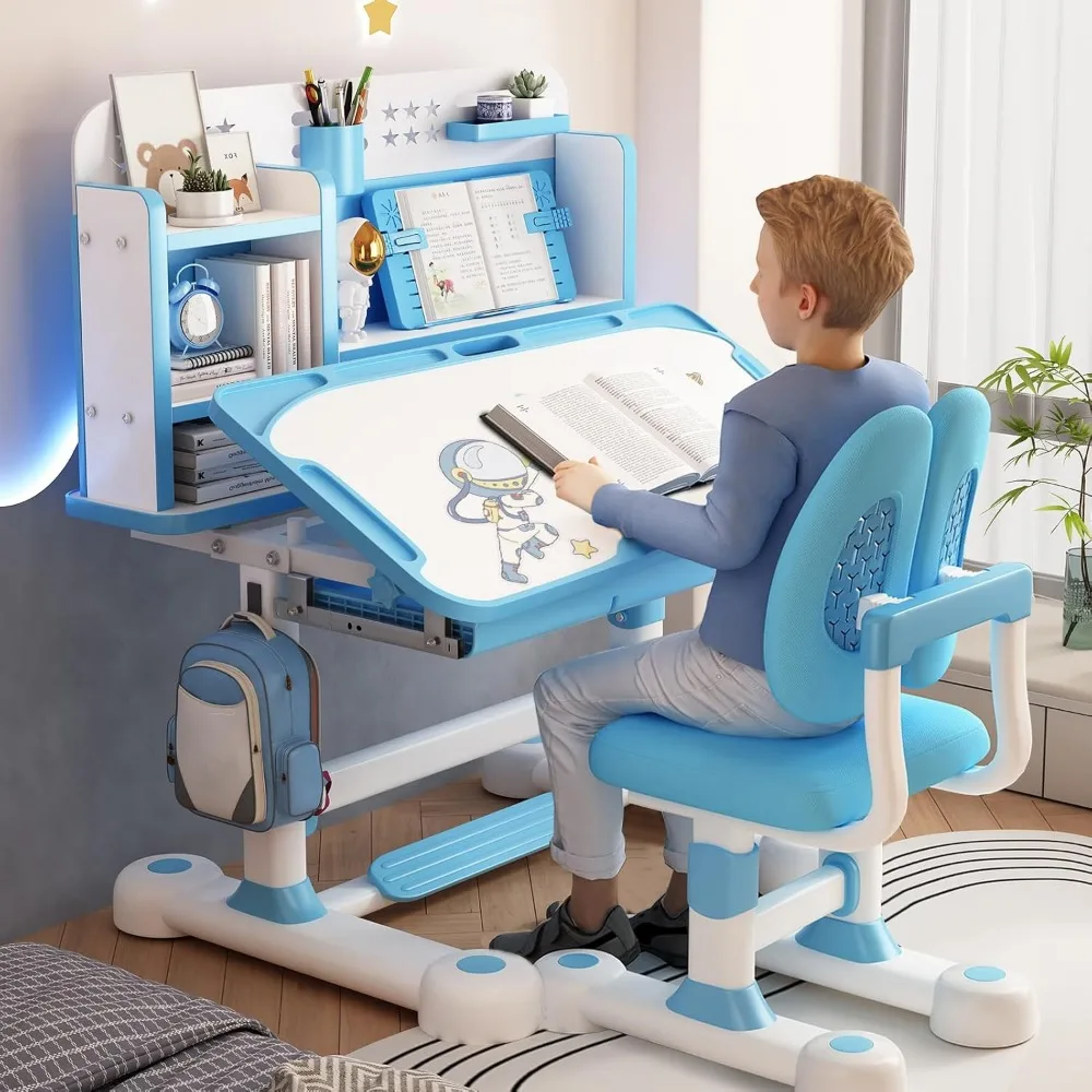 

Kids Desk and Chair Set, Height Adjustable Kids Desk with Cartoon Pattern, Widened Tabletop, Tiltable Reading Stand, Back Suppor