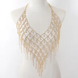 Fashionable Grid Tassel Water Droplet Luxurious Style Rhinestone Chest Chain Nightclub Women's Body Chain Jewelry