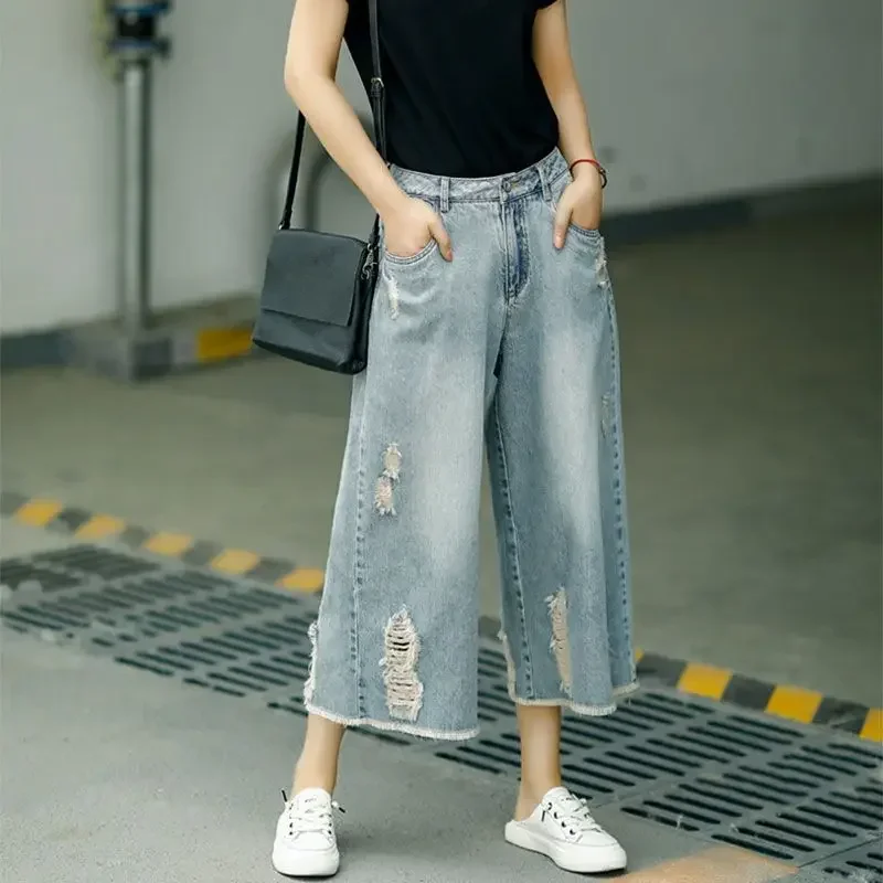 

Capri Jeans Woman Ripped Jean Summer Clothes Baggy Capri Pants Wide Leg Denim High Waist Loose Korean Reviews Many Clothes Women