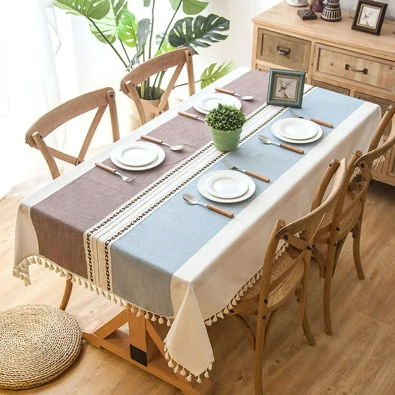 Cotton Linen Tablecloths, Wrinkle Free Anti-Fading Table Cloth, Tassel Rectangle Indoor & Outdoor Dining Table Cover