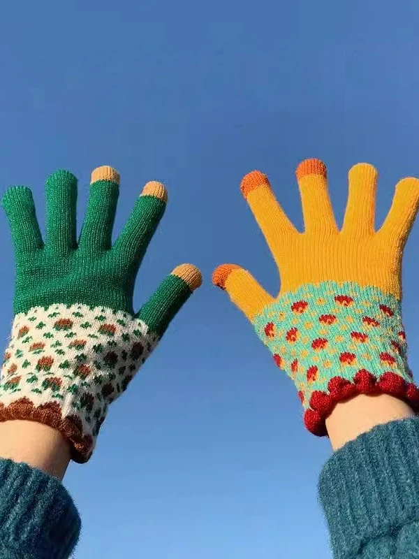 Dopamine Gradient Color Knitted Woolen Gloves Women's Winter Thickened Fleece Lined Touchscreen Cycling Warm Knitted Gloves