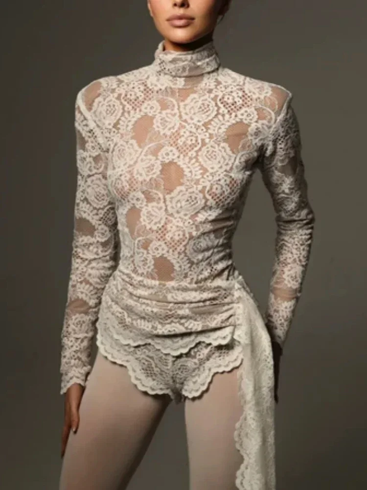 

Sexy High Neck Long Sleeve Floral Lace Women's Jumpsuits White Draped Bodysuit Celebrity Party Evening Nightclub Female Rompers