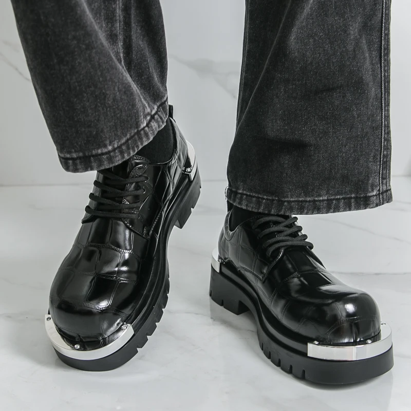 

Мужские туфли дерби из искусственной кожи с тиснением, толстая подошва с круглым носком, деловая повседневная мужская обувь, размеры 37-46