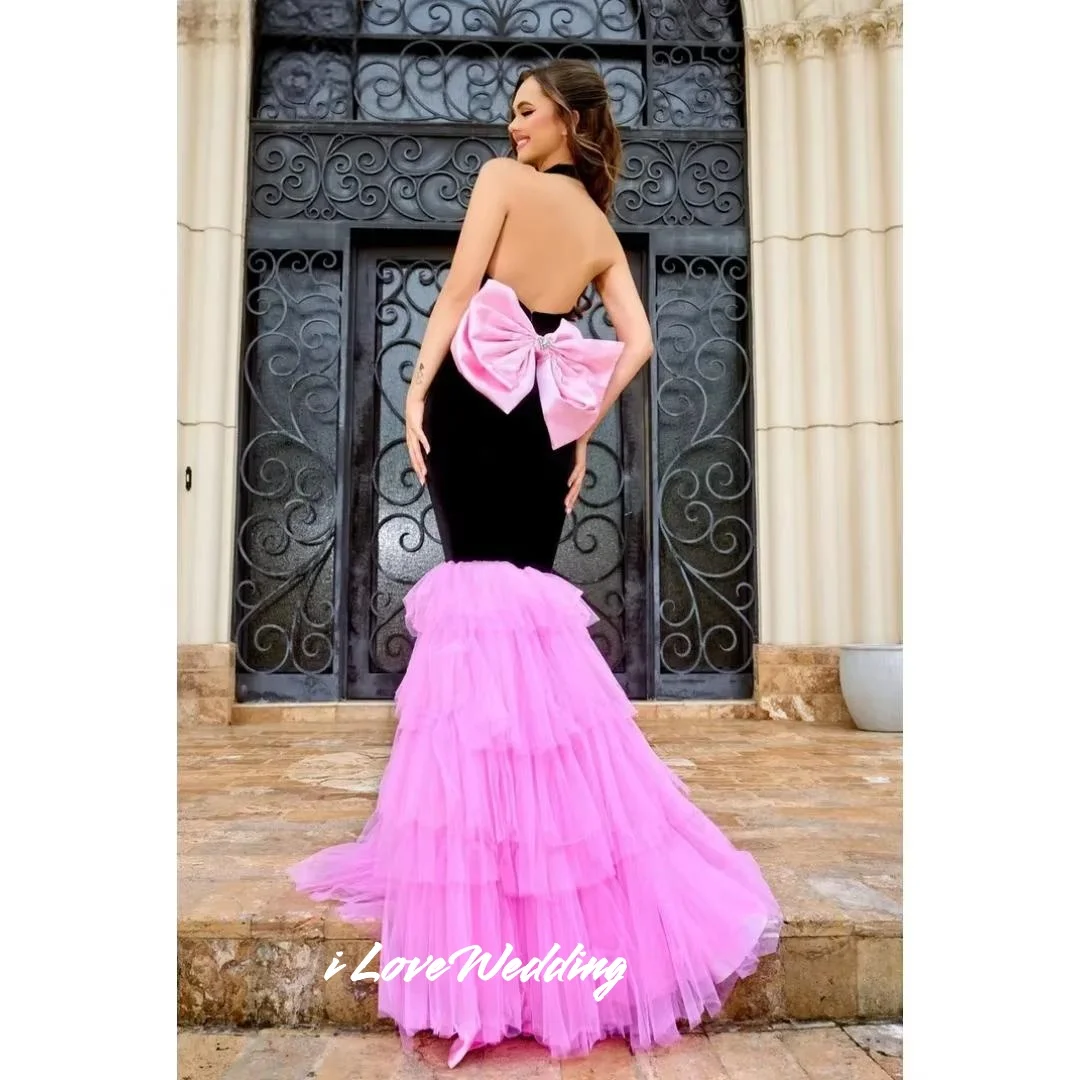 

Black Halter Evening Dresses 2025 Sleeveless Backless Mermaid Multi-Layered Bow Floor-Length Pleated Party Dresses Customized