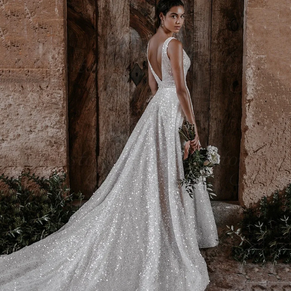 Customized A Line Deep V Neck Wedding Dresses Boho Tank Sequined Bridal Gowns Sexy Bride Robes vestido de novia