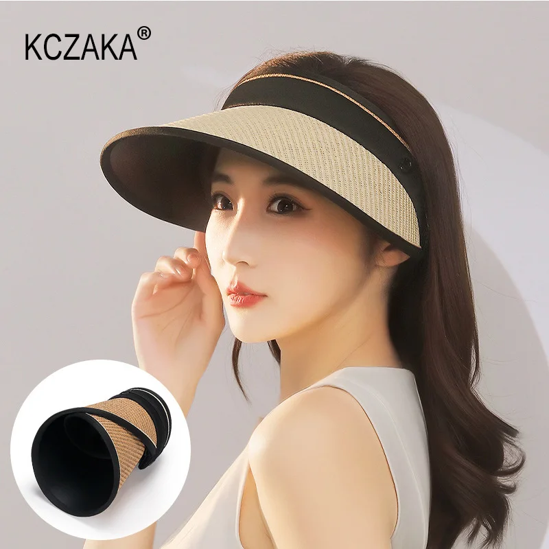 Women's Straw Sun Hat Summer Outdoor Empty Top Shade Sun Protection Beach Hats for Ladies Collapsible Wide Brim Visor Hat