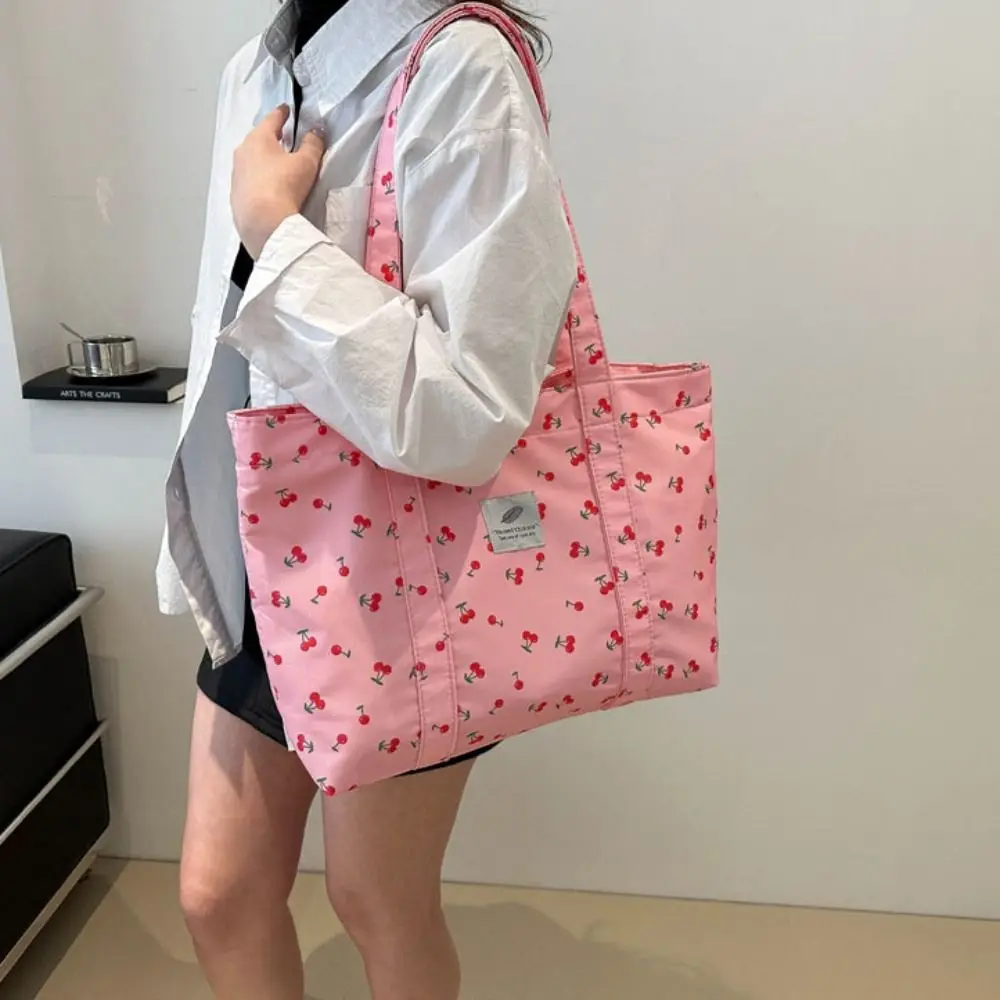 Casual Strawberry Cherry Tote Bag Printing Aesthetic Large Capacity Shopping Bag Korean Style Grocery Bag Nylon Handbag Outdoor