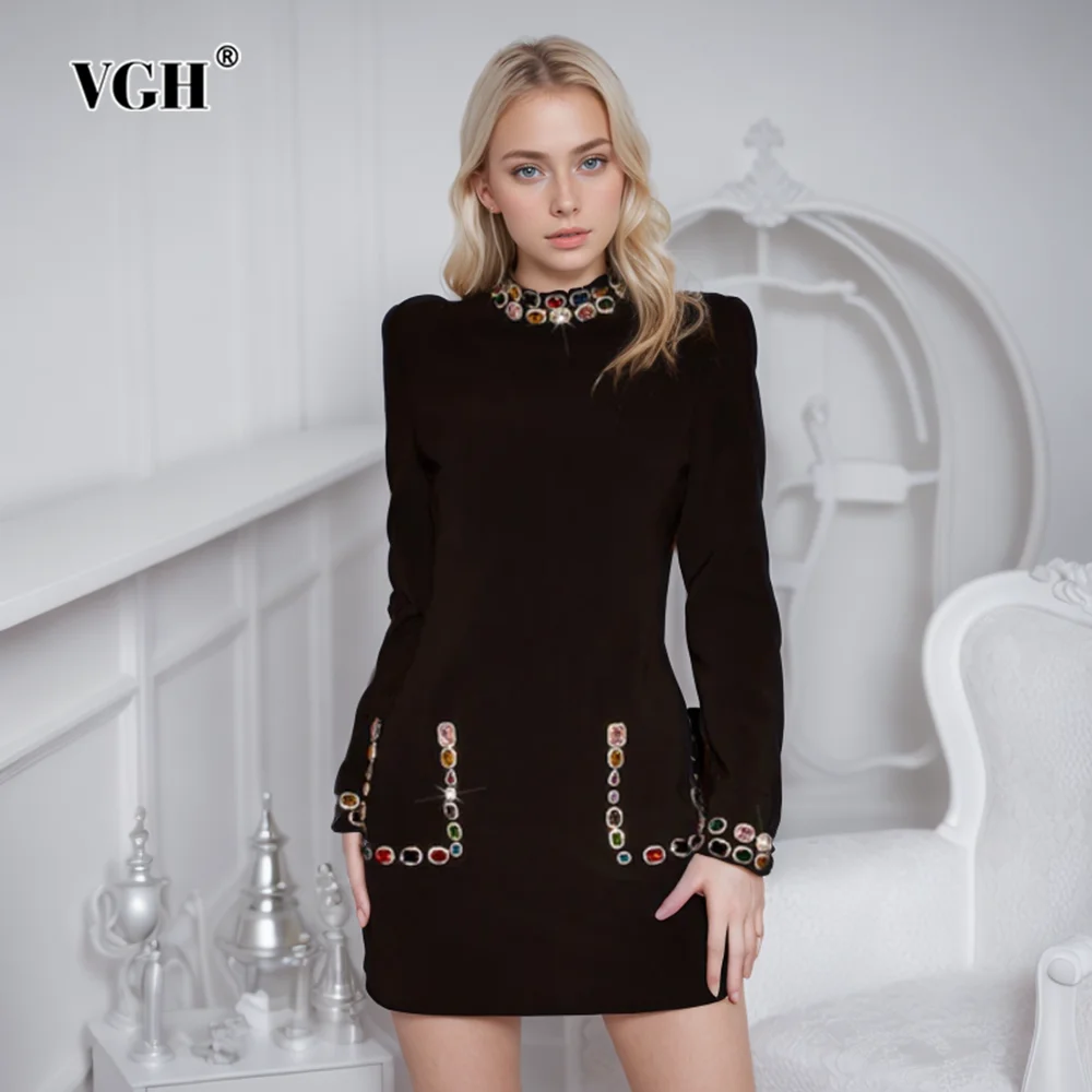 

VGH Solid Patchwork Diamonds Elegant Dresses For Women Stand Collar Long Sleeve High Waist Spliced Pockets Slimming Dress Female