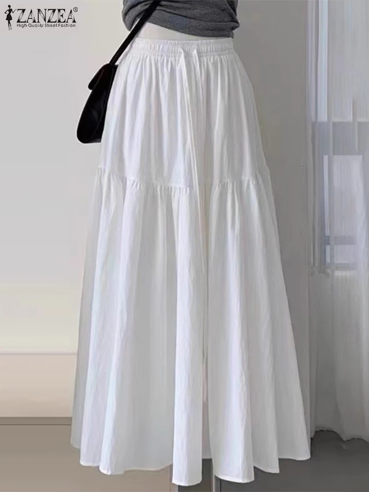 Women Maxi Skirts ZANZEA Summer Elastic Waist Solid Ruffles Long Sundress Elegant Casual White Skirt Party Holiday Faldas Saia