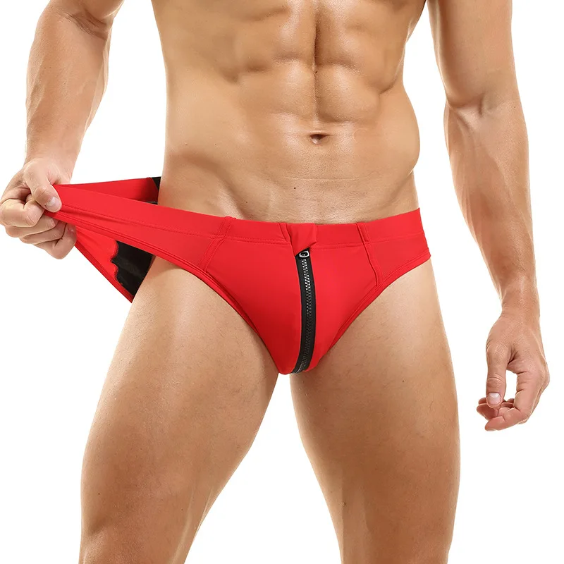 ใหม่กางเกงว่ายน้ําชายในยุโรปและอเมริกาด้านหน้าเปิดซิปเซ็กซี่สีจับคู่กางเกงชายหาดข้ามพรมแดน