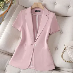 2024 Summer Pink Suits Jacket For Women's Fashion One Button Coat Simple Short Sleeve Blazers Ladies Solid Versatile Tops Trend