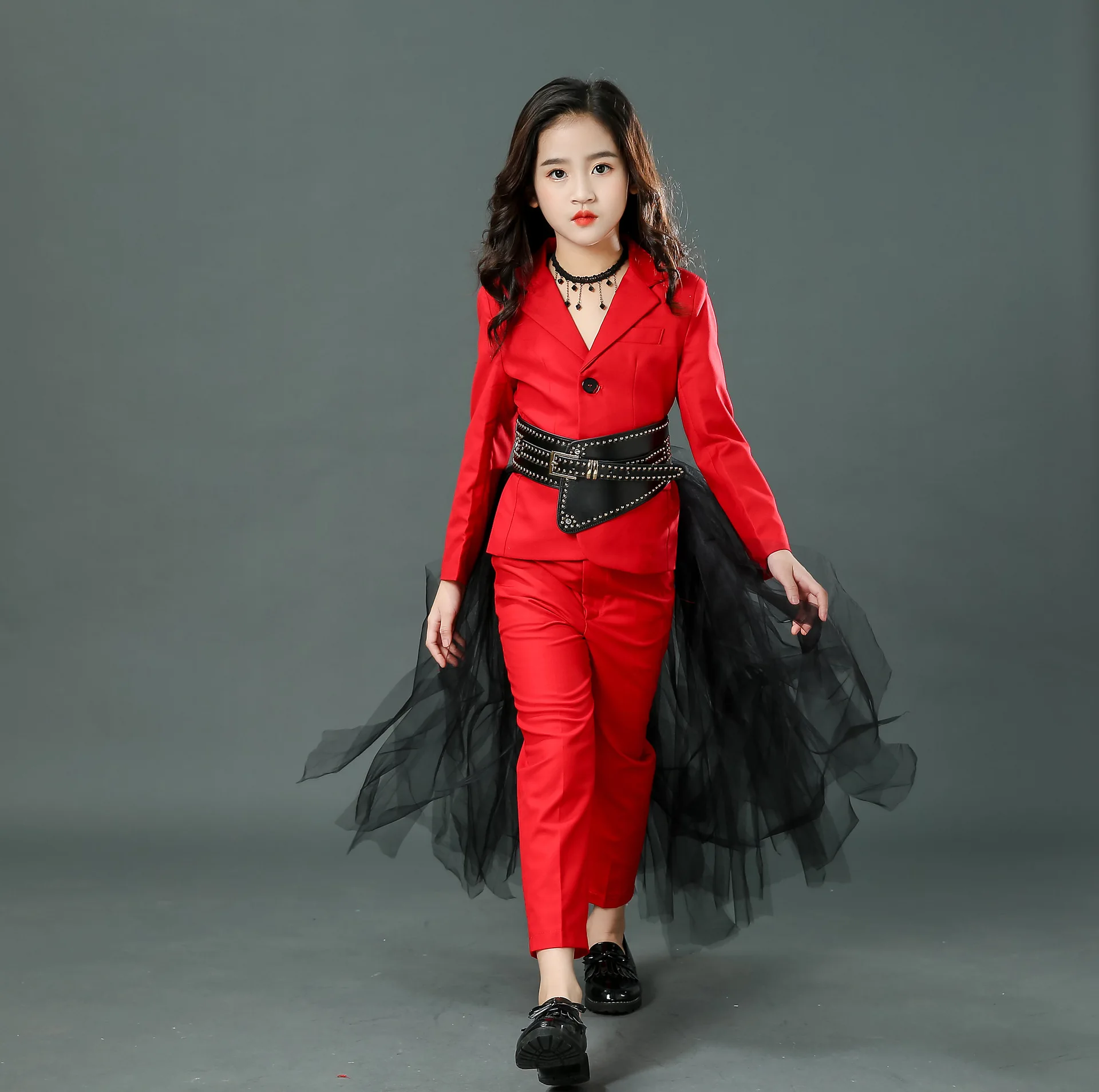 

Girls China Red Suit Suit Trailing Catwalk Trendy Clothes Children's Model Performance Clothes Fashion Car Model Dress