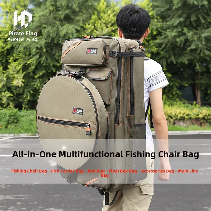 حقيبة ظهر كبيرة السعة متعددة الوظائف لصيد الأسماك بتصميم علم القراصنة، حقيبة كتف مزدوجة مقاومة للماء لحمل معدات الصيد #2