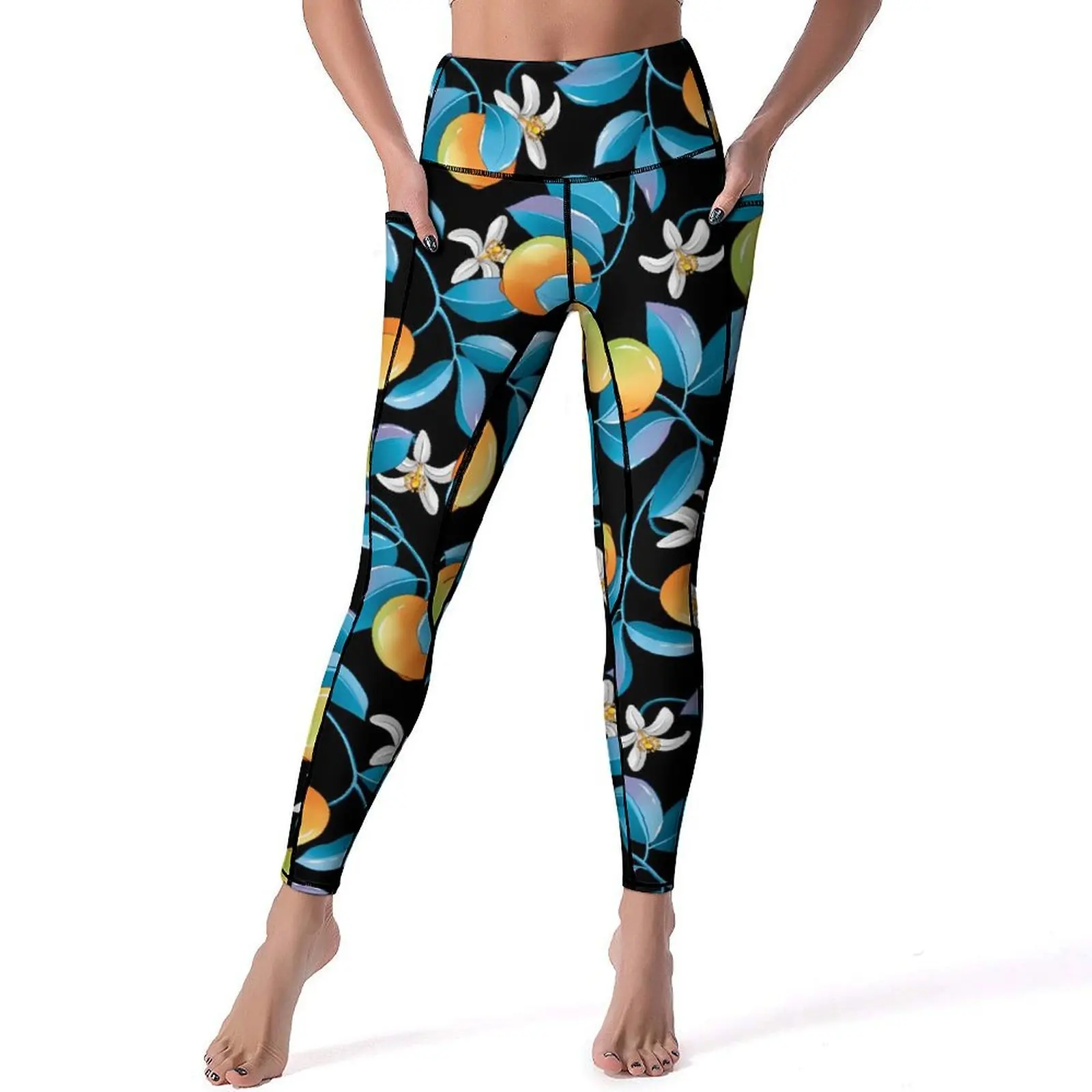 

Lemons Fruit Print Leggings Blue Leaves Gym Yoga Pants Push Up Cute Leggins Stretch Custom Sports Tights Birthday Gift