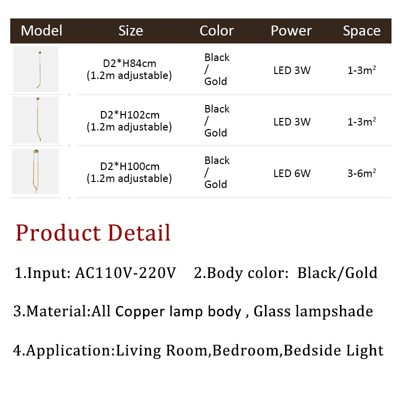 Bedside Pendant Lights LED Copper Long Strip Chandeliers For Living Room Bedroom Bar Shop Indoor Decor Hanging Lamps Black&Gold