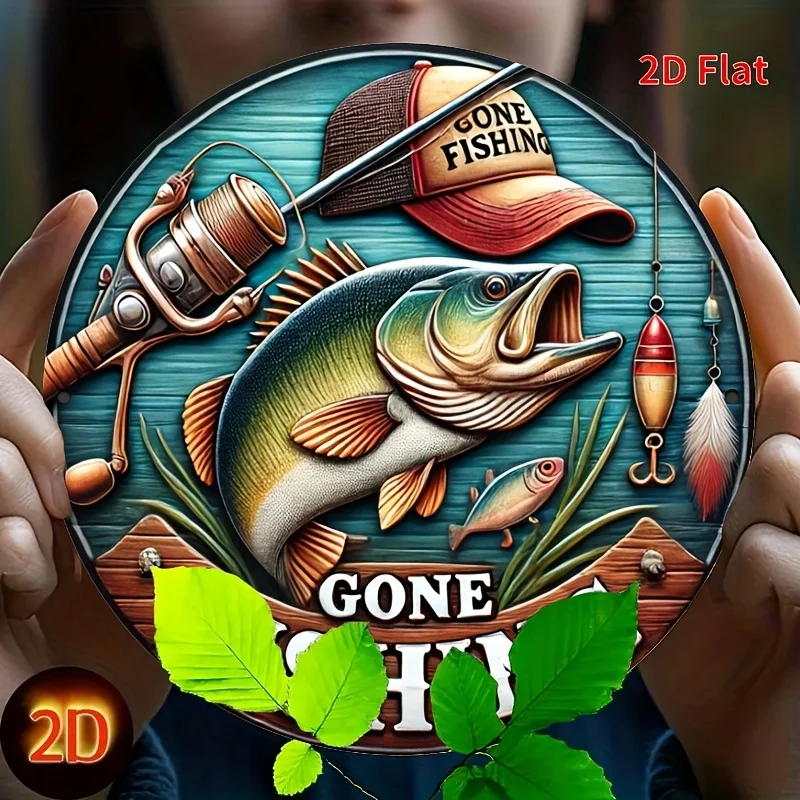 مسطح ثنائي الأبعاد، قطعة واحدة، علامة صيد السمك، علامة ترحيب لعشاق الصيد، (8 بوصة 8 بوصة) لتزيين الصيد، طباعة ثنائية الأبعاد، علامة مستديرة، مناسبة لـ #4