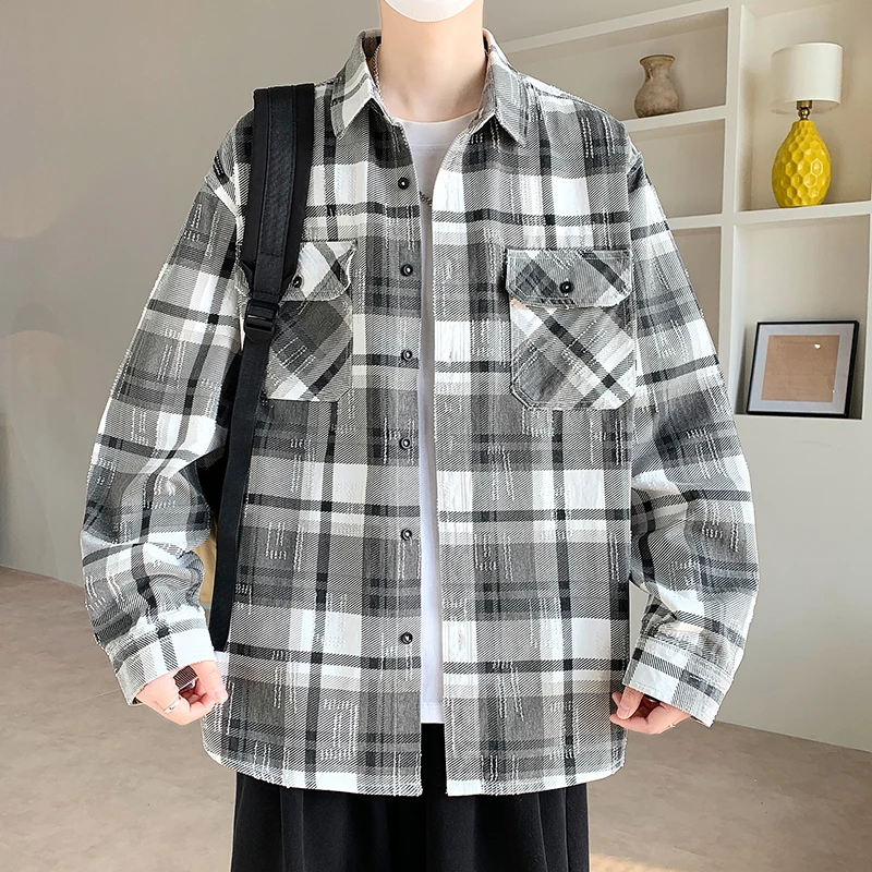 

Spring Autumn 2026 Men's Loose Long Sve irt Coat Hong Kong Sle Casual Pattern Breathable Faionable Versatile Top