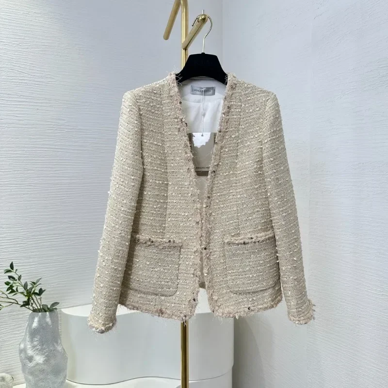 

Kinglylover High Quality New Women 2024 Exquisite Design Pastoral Beige Tweed Sequined Long Sleeve Jacket