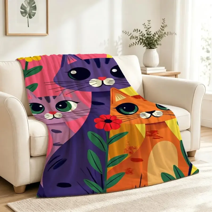 Weighted Blanket Suitable for - Cozy Throw - Soft Flannel Fleece with Stylized Purple & Orange Cat on Pink-Yellow Background